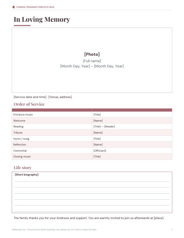 Preview of Free Funeral Program Bifold Template