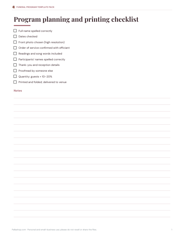 Preview of Funeral Program Planning Checklist