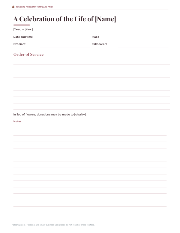 Preview of Printable Memorial Service Program Page